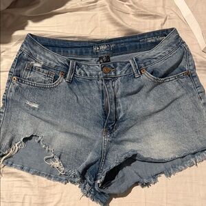 REWASH Super High Rise Wedge Vintage Reunion Blue Denim Distressed Women Shorts